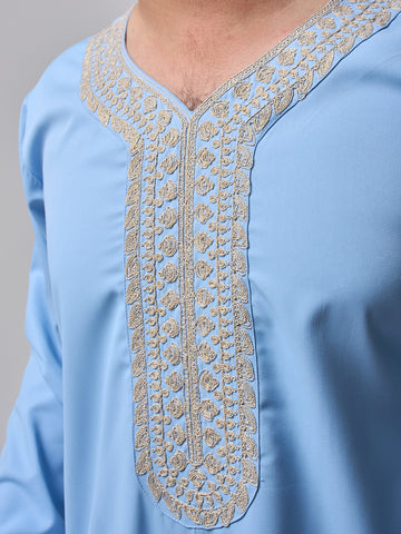 Embroidered Moroccan Sky Blue Thobe for Men