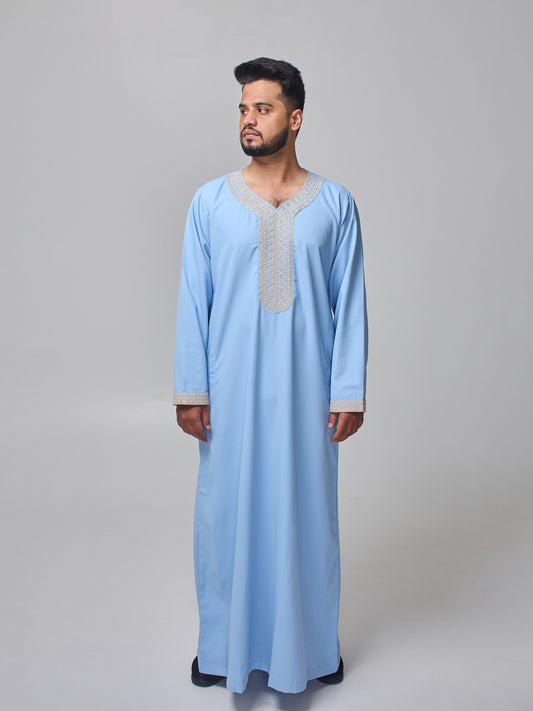 Embroidered Moroccan Sky Blue Thobe for Men