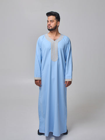Embroidered Moroccan Sky Blue Thobe for Men