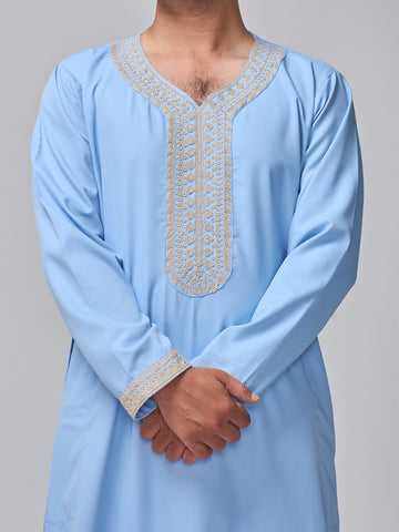 Embroidered Moroccan Sky Blue Thobe for Men