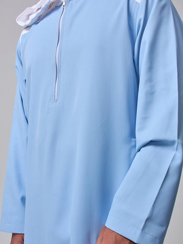 Men's Sky Blue Arabic Thobe with Contrast Hood