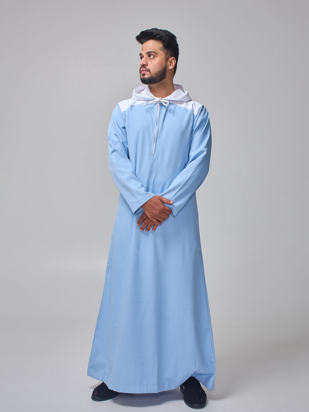 Men's Sky Blue Arabic Thobe with Contrast Hood