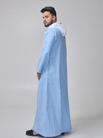 Men's Sky Blue Arabic Thobe with Contrast Hood