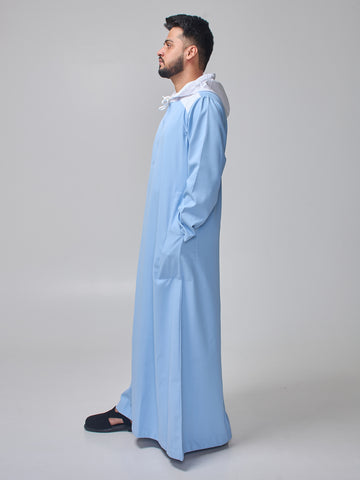 Men's Sky Blue Arabic Thobe with Contrast Hood
