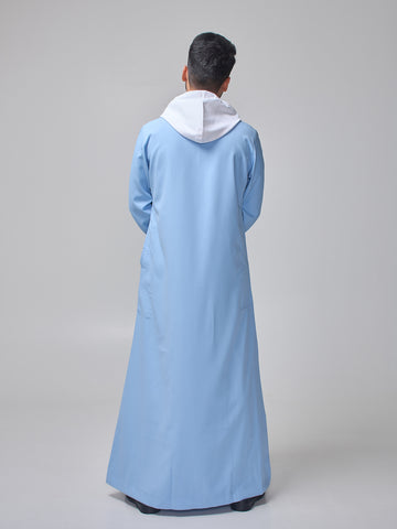 Men's Sky Blue Arabic Thobe with Contrast Hood