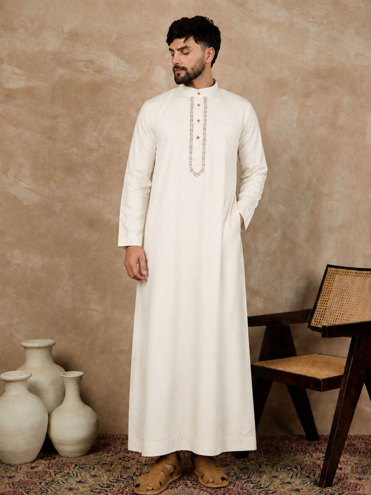 Men’s Off White Embroidered Arabic Thobe /Jubba