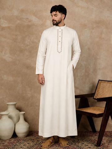 Men’s Off White Embroidered Arabic Thobe /Jubba