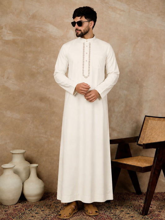 Men’s Off White Embroidered Arabic Thobe /Jubba