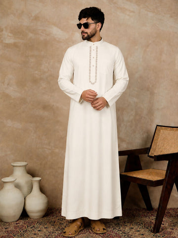 Men’s Off White Embroidered Arabic Thobe /Jubba
