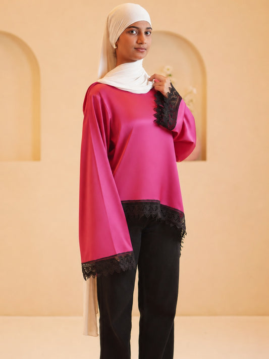Women’s Modest Pink Asymmetric Lace Tunic Top