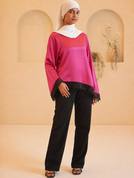 Women’s Modest Pink Asymmetric Lace Tunic Top