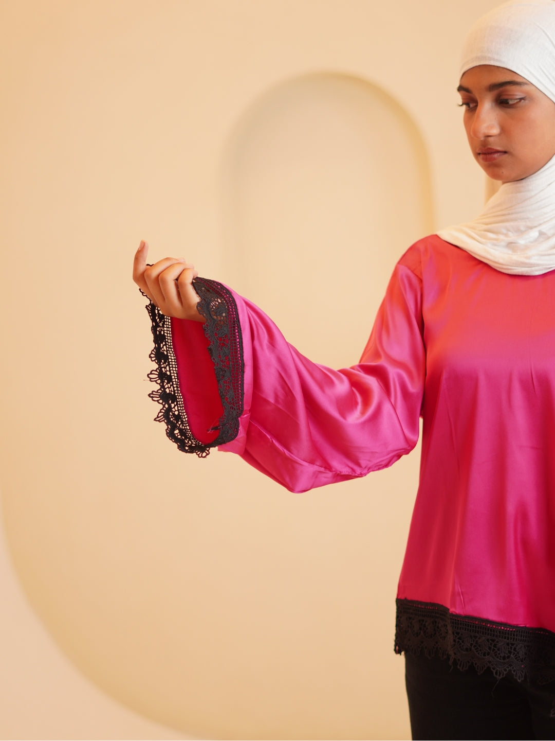 Women’s Modest Pink Asymmetric Lace Tunic Top