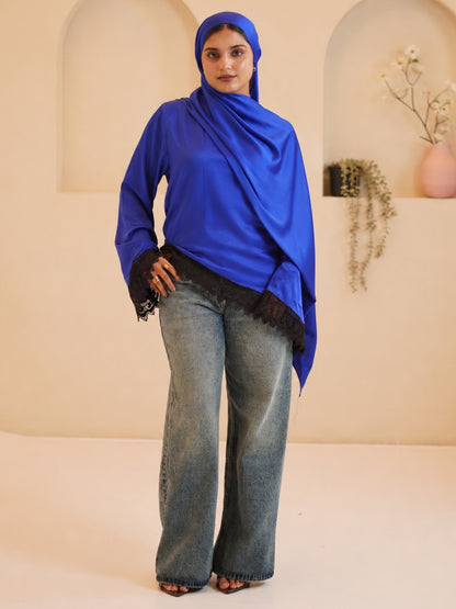 Women’s Modest Royal Blue Asymmetric Lace Tunic Top