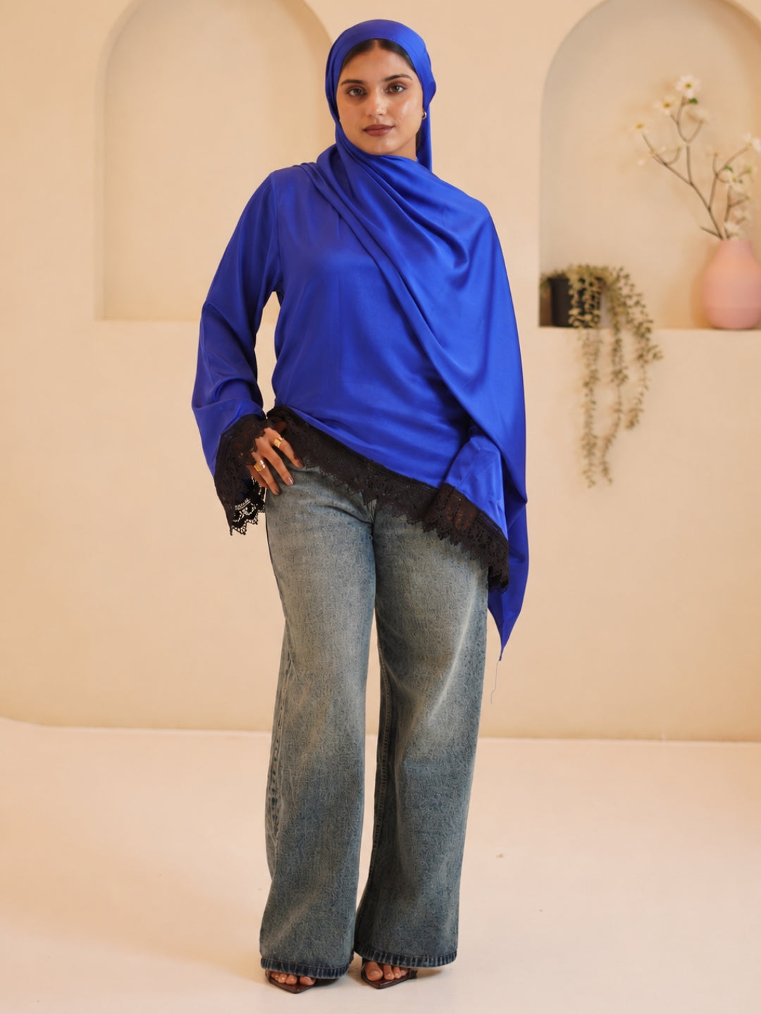 Women’s Modest Royal Blue Asymmetric Lace Tunic Top
