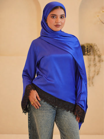 Women’s Modest Royal Blue Asymmetric Lace Tunic Top