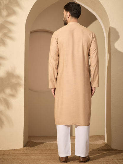 Men’s Beige Hand-Embroidered Cotton Linen Kurta with White Pajama Set