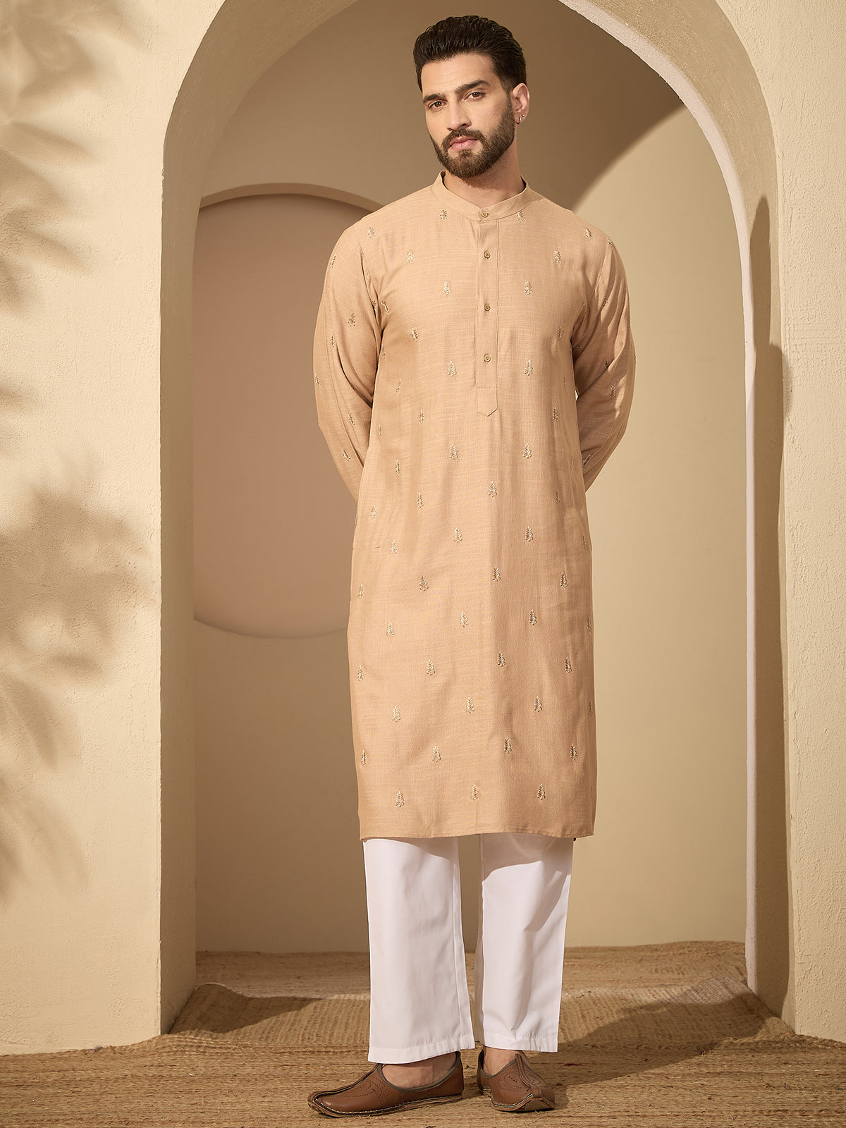 Men’s Beige Hand-Embroidered Cotton Linen Kurta with White Pajama Set