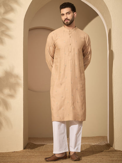 Men’s Beige Hand-Embroidered Cotton Linen Kurta with White Pajama Set