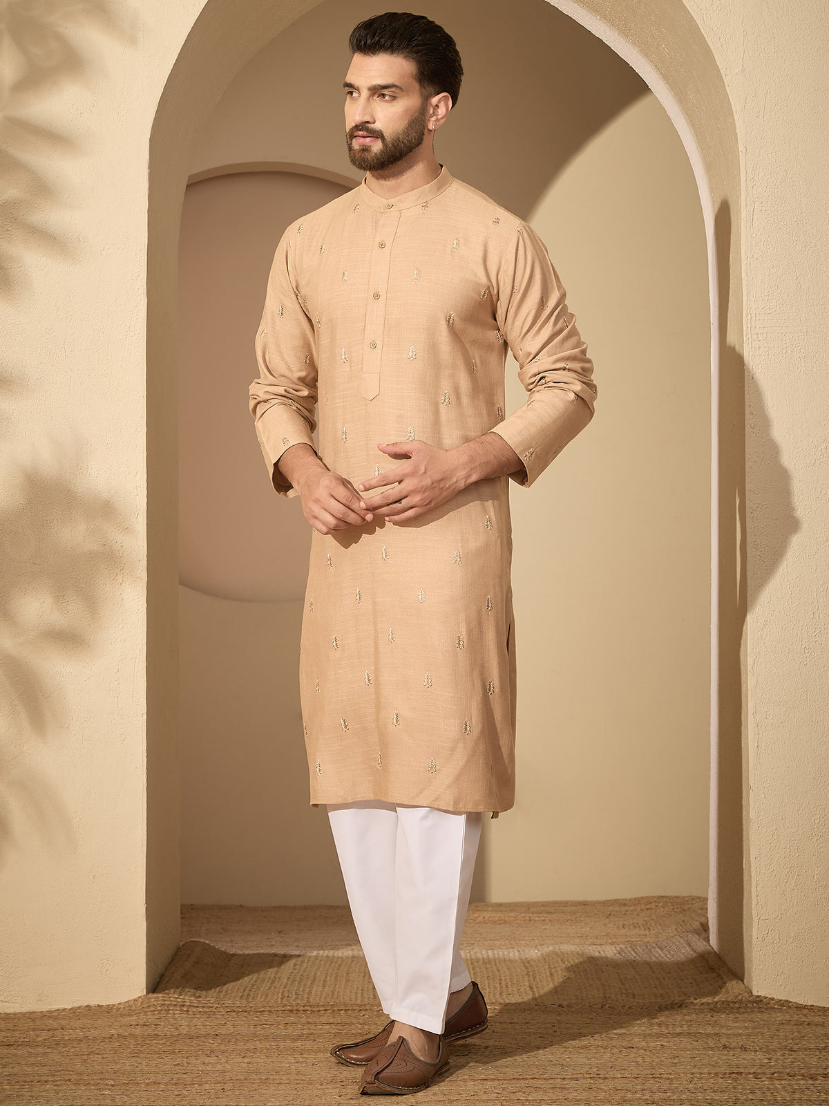 Men’s Beige Hand-Embroidered Cotton Linen Kurta with White Pajama Set
