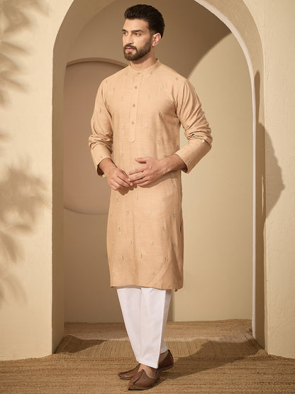 Men’s Beige Hand-Embroidered Cotton Linen Kurta with White Pajama Set