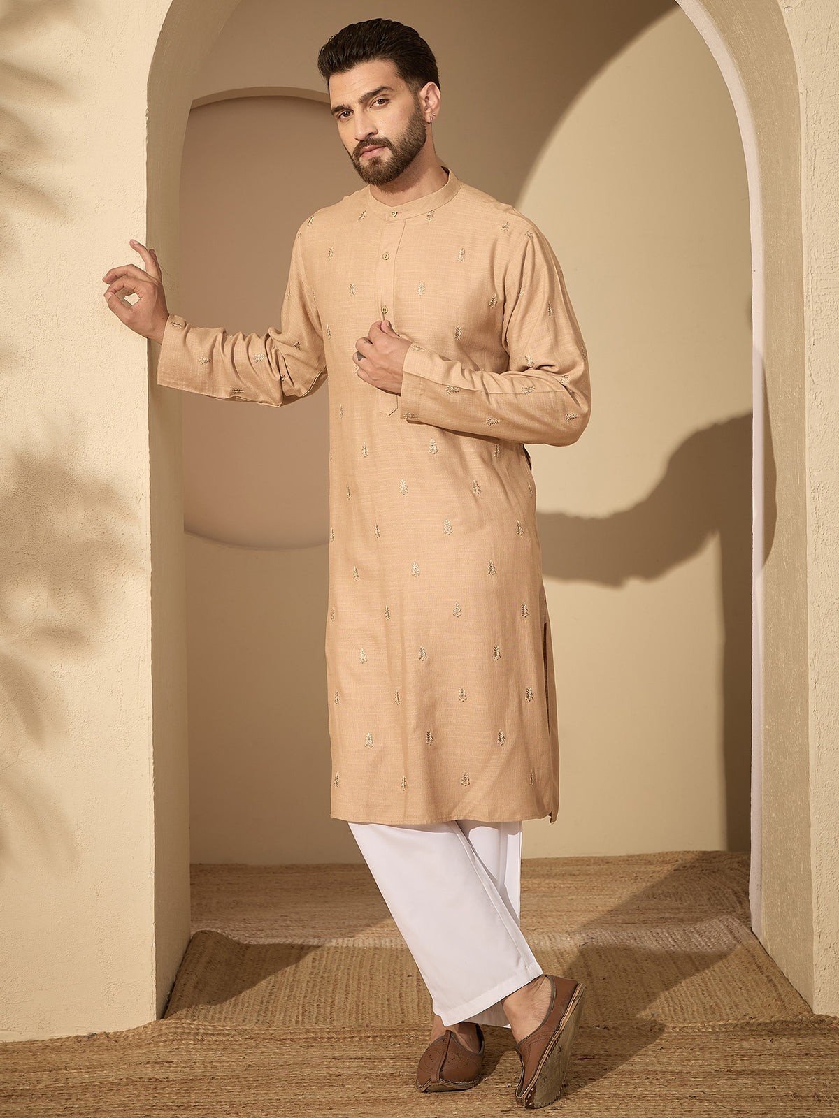 Men’s Beige Hand-Embroidered Cotton Linen Kurta with White Pajama Set