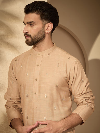 Men’s Beige Hand-Embroidered Cotton Linen Kurta with White Pajama Set