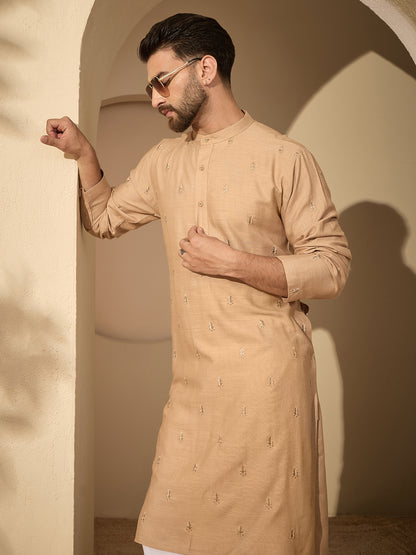 Men’s Beige Hand-Embroidered Cotton Linen Kurta with White Pajama Set