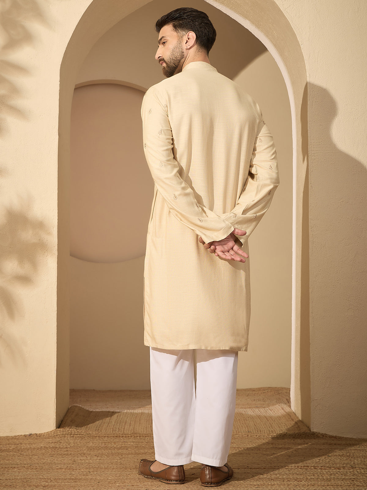 Men’s Hand-Embroidered Cotton Linen Cream Kurta with White Pajama Set