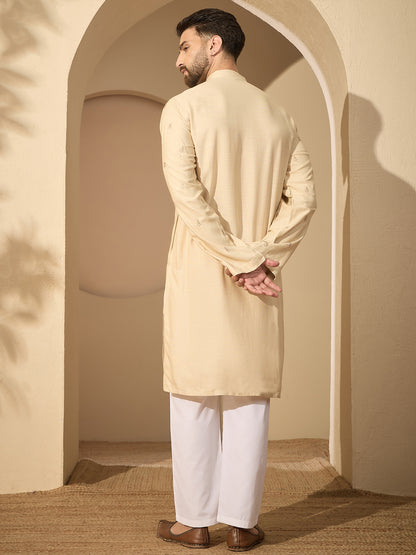 Men’s Hand-Embroidered Cotton Linen Cream Kurta with White Pajama Set