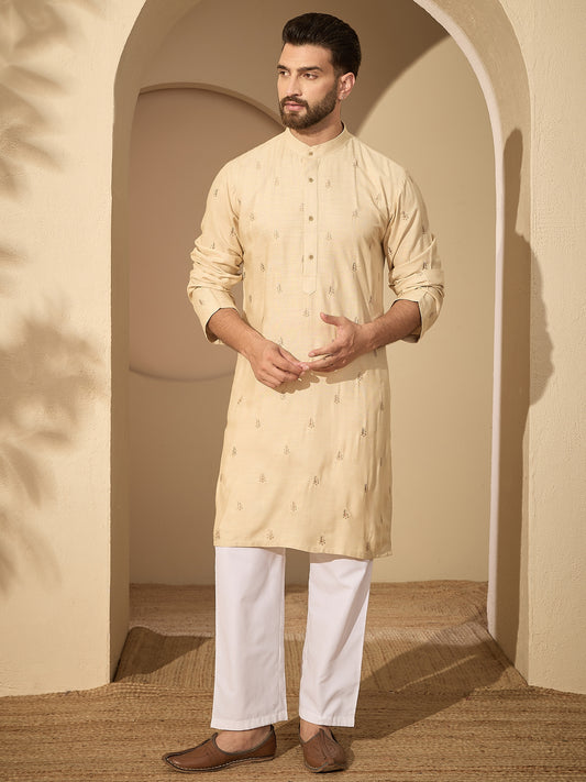 Men’s Hand-Embroidered Cotton Linen Cream Kurta with White Pajama Set