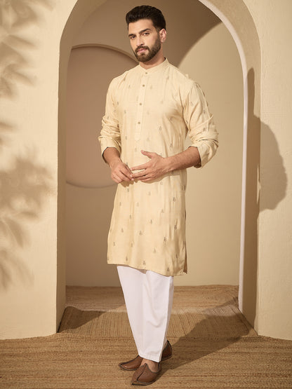 Men’s Hand-Embroidered Cotton Linen Cream Kurta with White Pajama Set