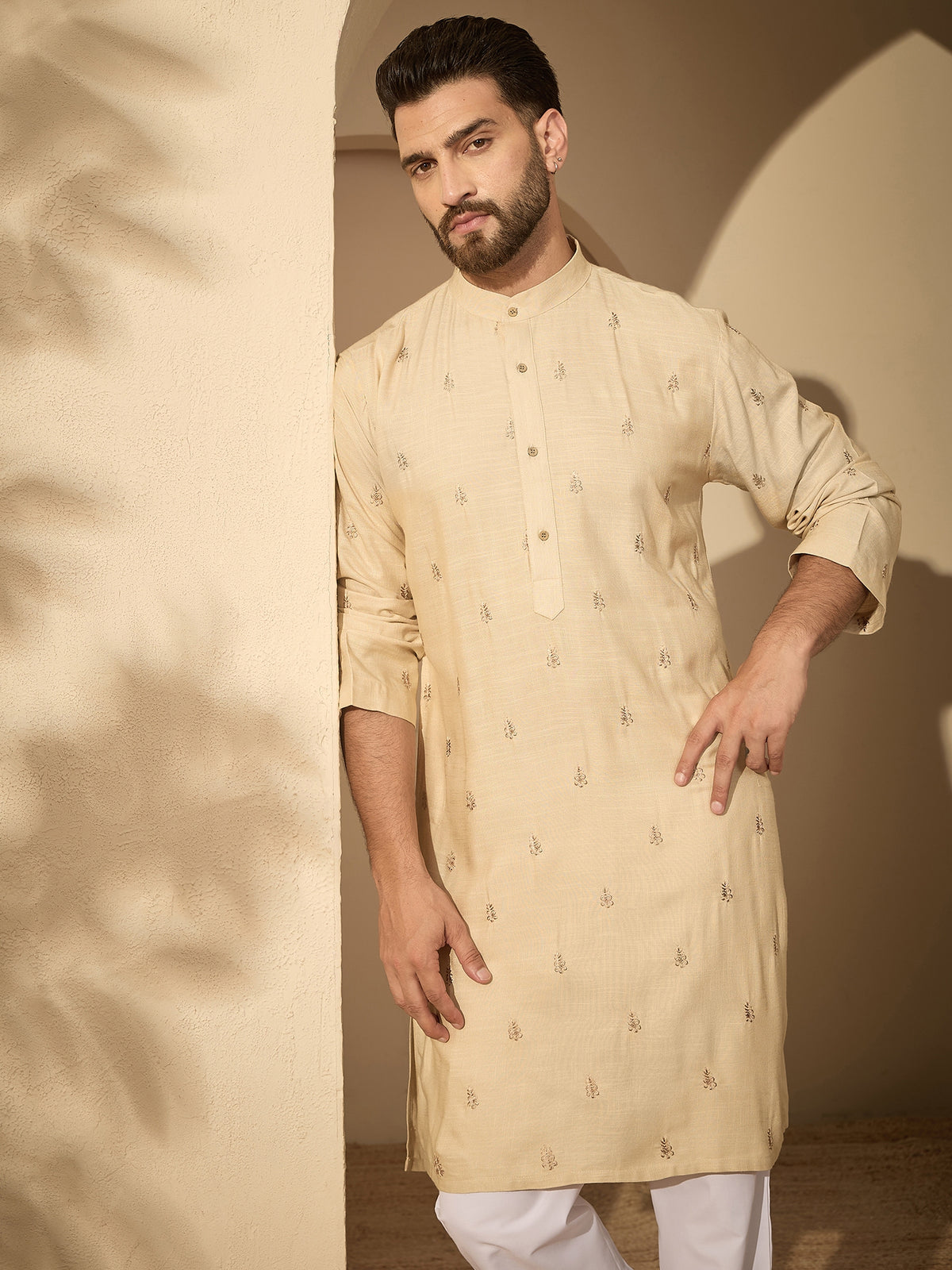 Men’s Hand-Embroidered Cotton Linen Cream Kurta with White Pajama Set