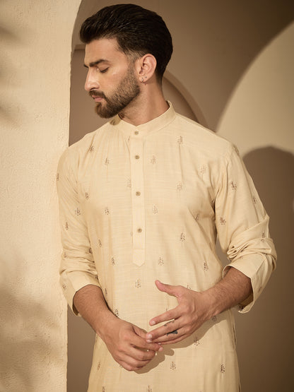 Men’s Hand-Embroidered Cotton Linen Cream Kurta with White Pajama Set