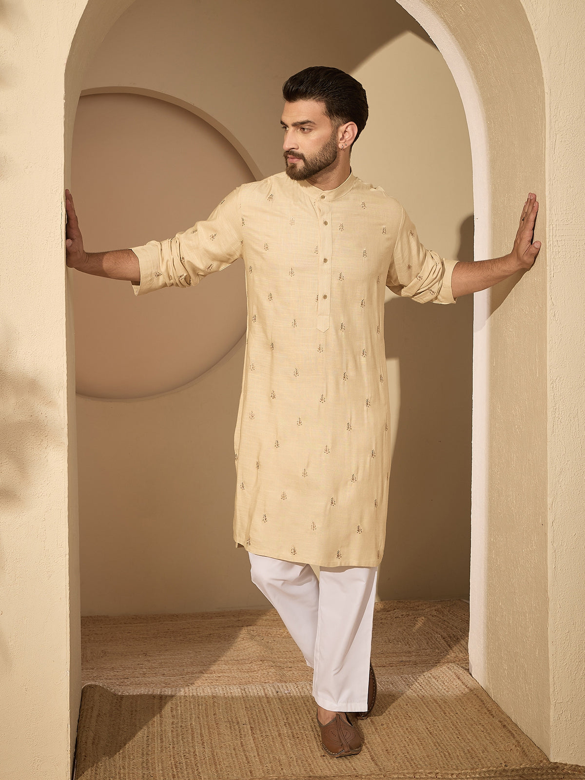 Men’s Hand-Embroidered Cotton Linen Cream Kurta with White Pajama Set