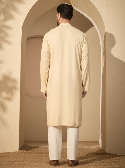 Men’s Embroidered Cream Cotton Linen Kurta Pajama Set