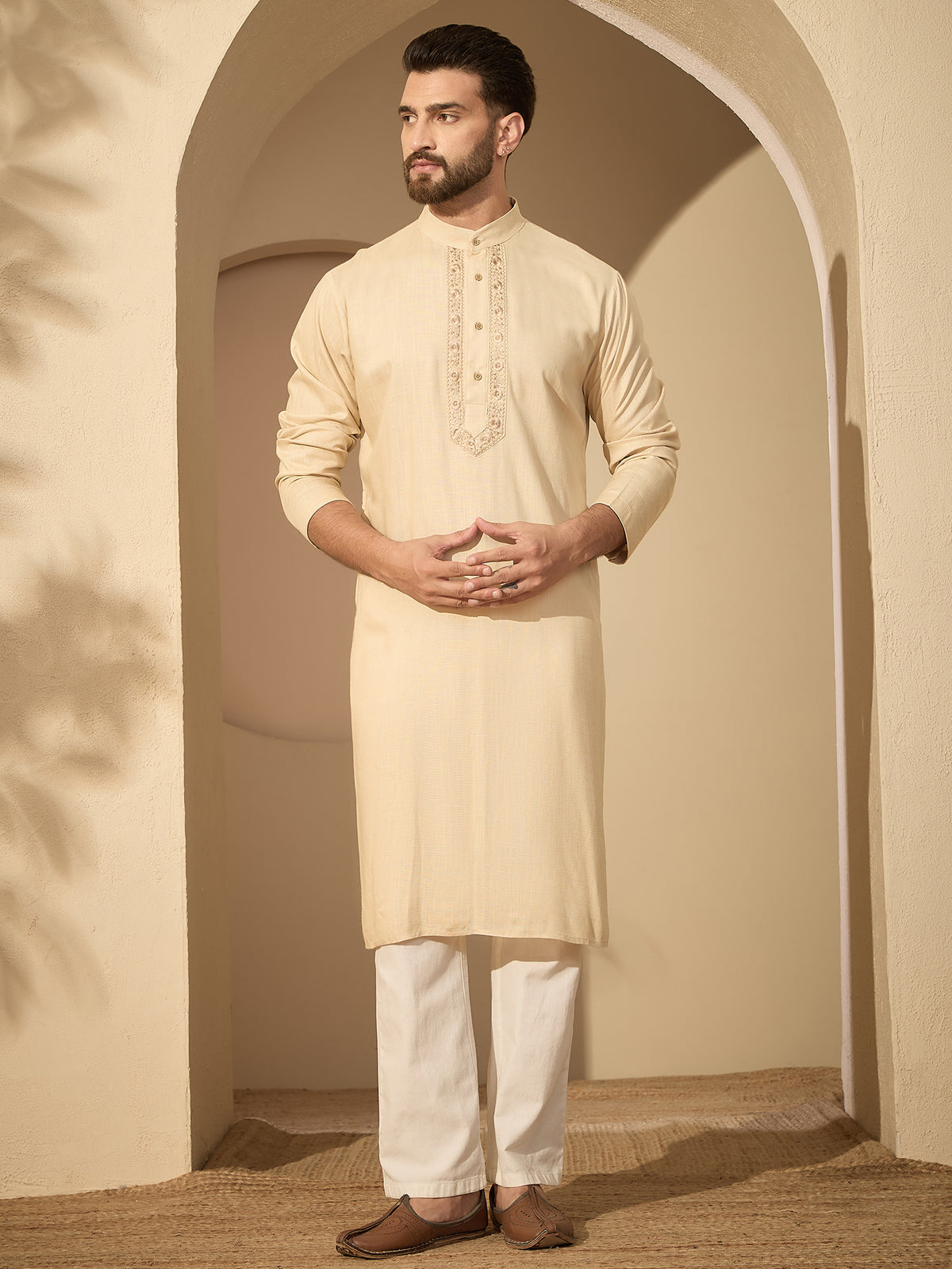 Men’s Embroidered Cream Cotton Linen Kurta Pajama Set