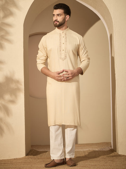 Men’s Embroidered Cream Cotton Linen Kurta Pajama Set