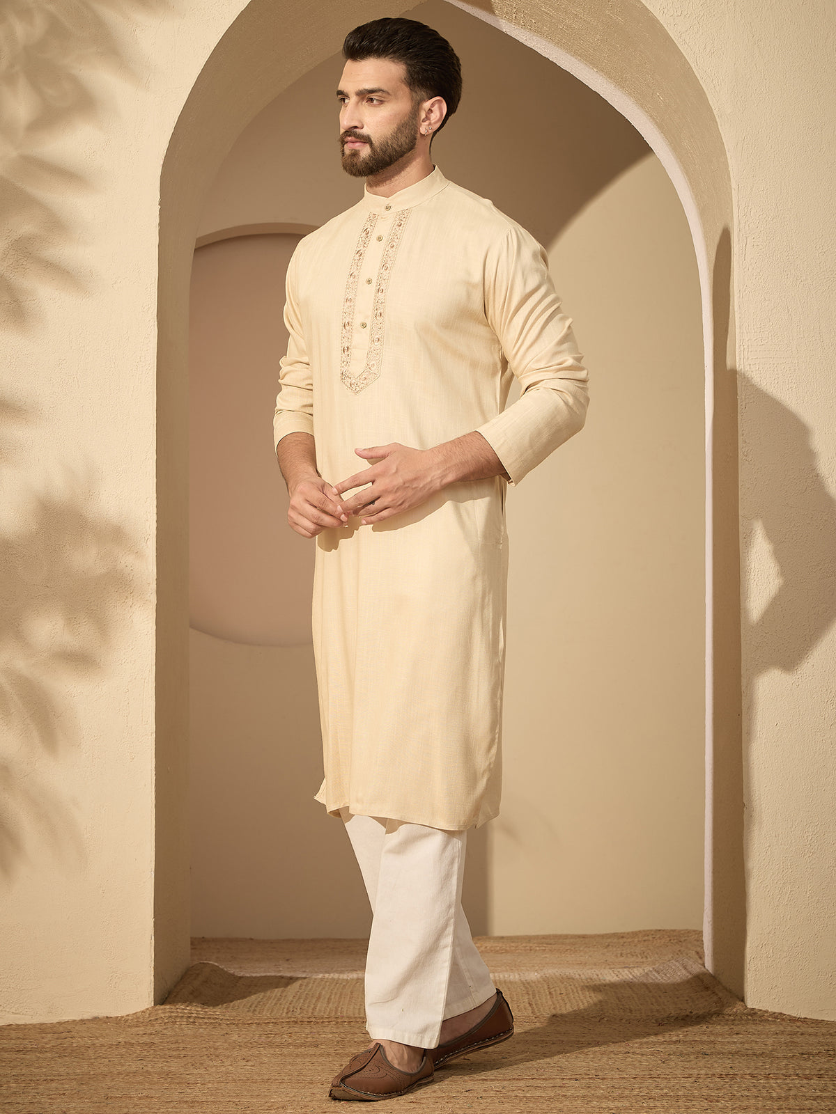 Men’s Embroidered Cream Cotton Linen Kurta Pajama Set