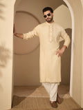 Men’s Embroidered Cream Cotton Linen Kurta Pajama Set