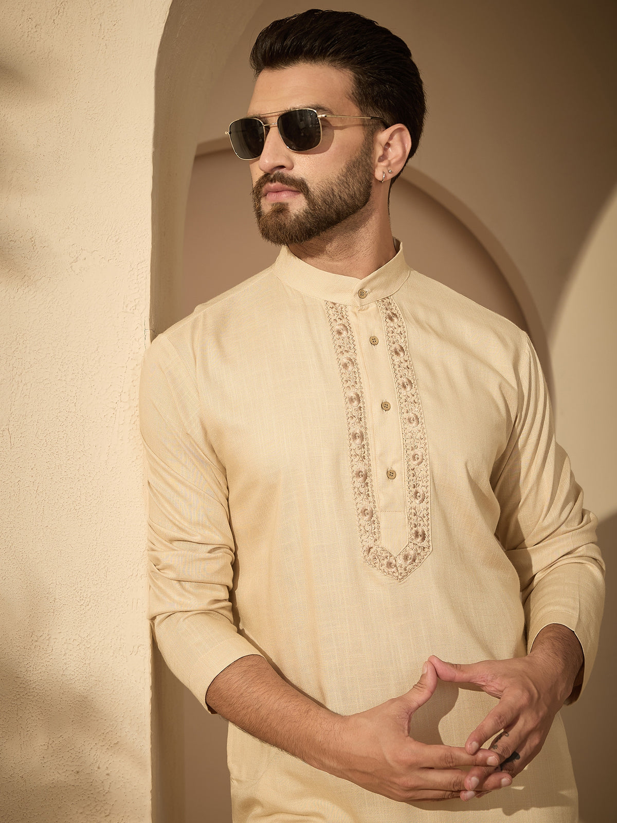 Men’s Embroidered Cream Cotton Linen Kurta Pajama Set