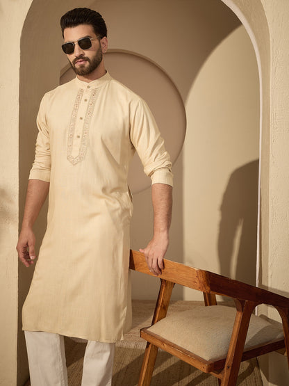Men’s Embroidered Cream Cotton Linen Kurta Pajama Set