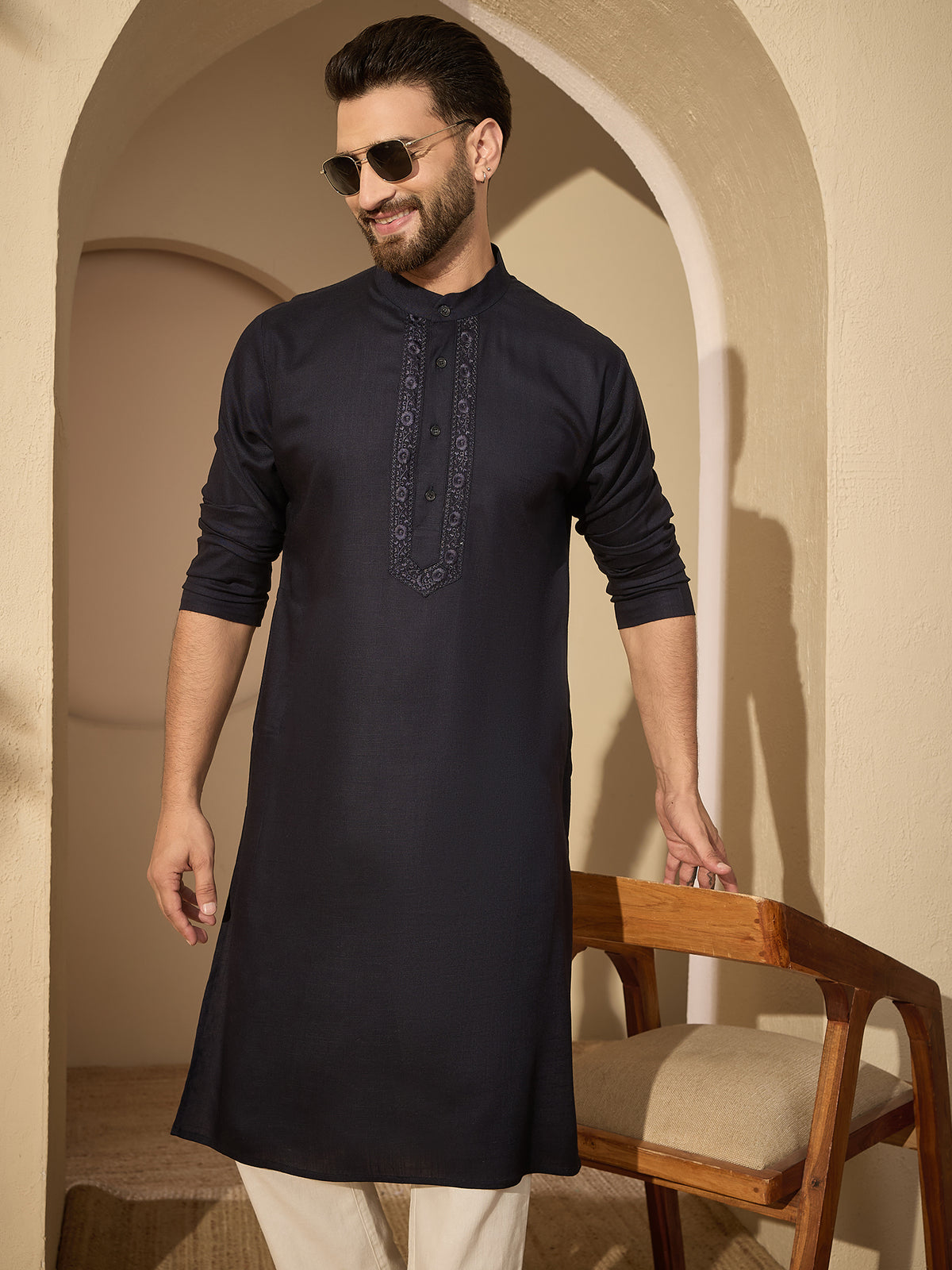Men’s Embroidered Navy Blue Cotton Linen Kurta Pajama Set