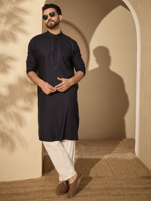 Men’s Embroidered Navy Blue Cotton Linen Kurta Pajama Set