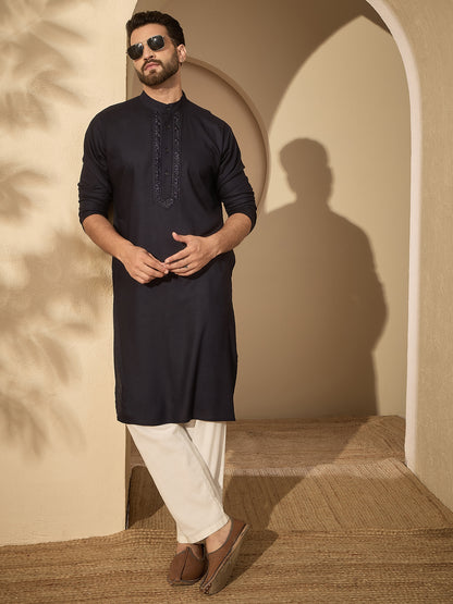 Men’s Embroidered Navy Blue Cotton Linen Kurta Pajama Set