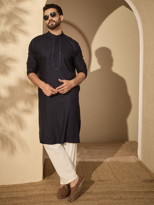 Men’s Embroidered Navy Blue Cotton Linen Kurta Pajama Set