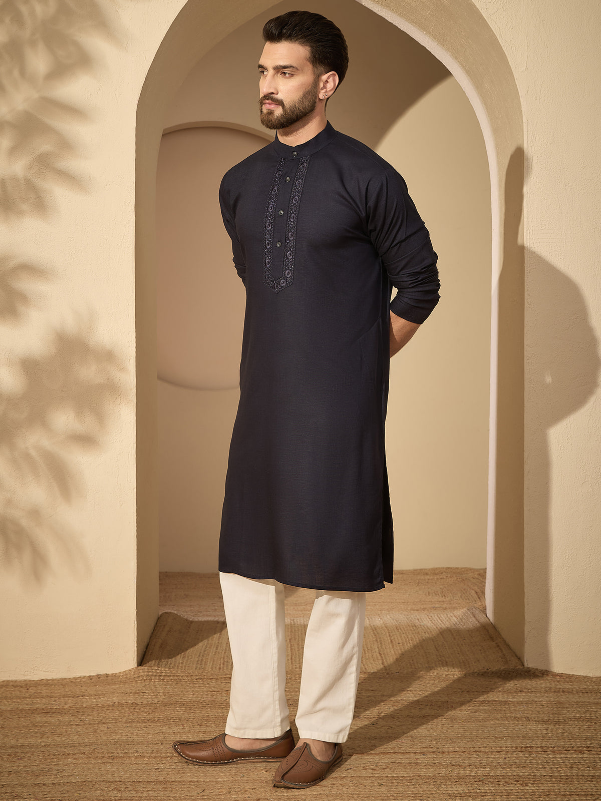 Men’s Embroidered Navy Blue Cotton Linen Kurta Pajama Set