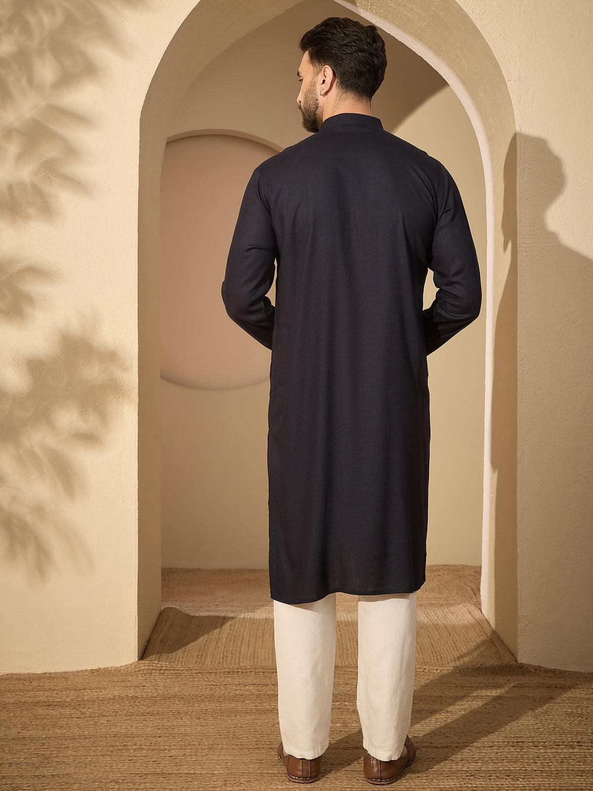Men’s Embroidered Navy Blue Cotton Linen Kurta Pajama Set