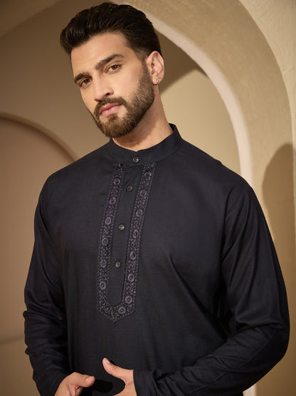 Men’s Embroidered Navy Blue Cotton Linen Kurta Pajama Set