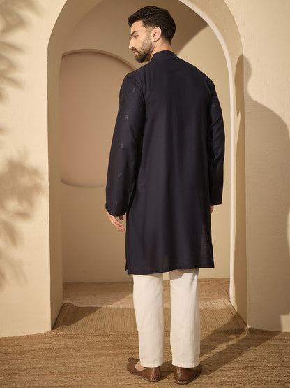 Men’s Navy Blue Hand-Embroidered Cotton Linen Kurta with White Pajama Set