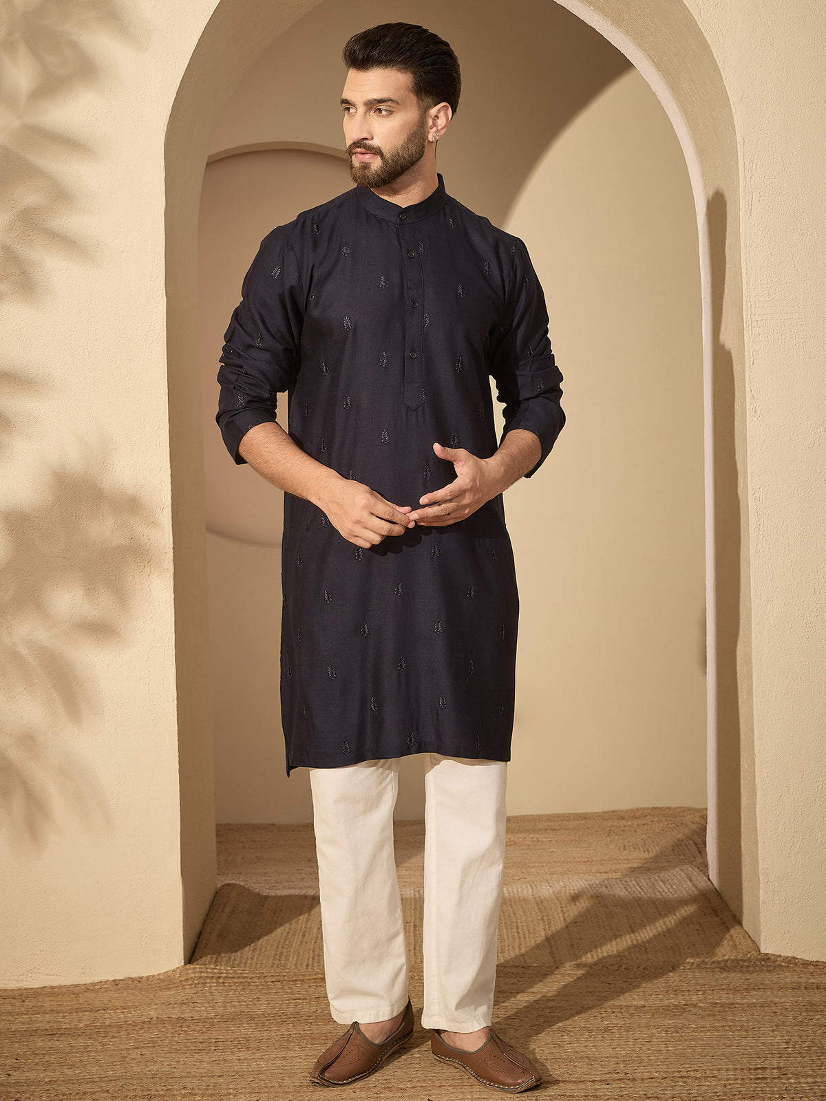 Men’s Navy Blue Hand-Embroidered Cotton Linen Kurta with White Pajama Set